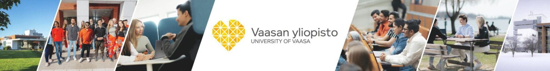 University of Vaasa logo and pictures of the university campus and students